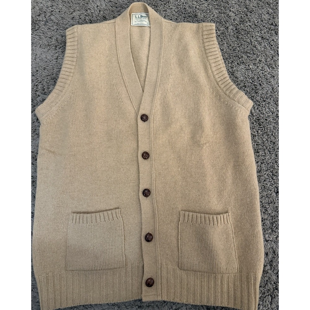 LLBean Vintage Sweater Vest Camel Hair Lambswool Button Up Pockets Large EUC USA